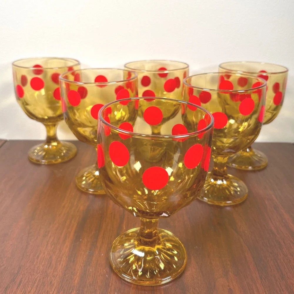 Anchor Hocking Amber Glass Red Polka Dot Goblets MCM Mid Century Barware SIX